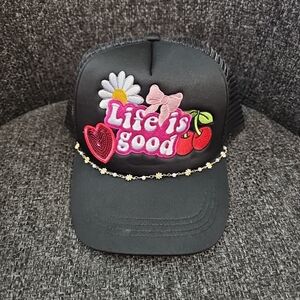 NWT Woman's Life Is Good Snapback Trucker Hat Cap Flowers Sequin Heart Black